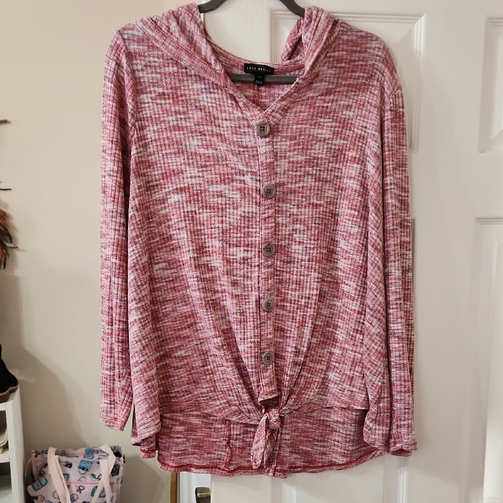 Lane Bryant Pink Marled Button-Up Hoodie with Front Tie